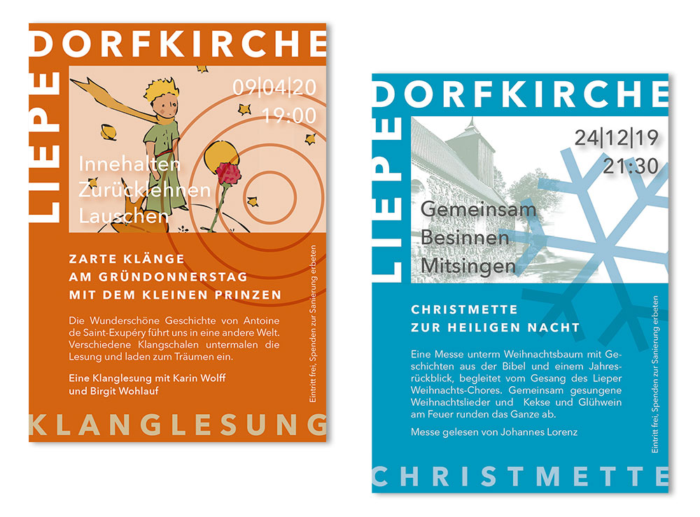 Zwei Flyer Dorfkirche Liepe - Veranstaltungen Klanglesung und Christmette