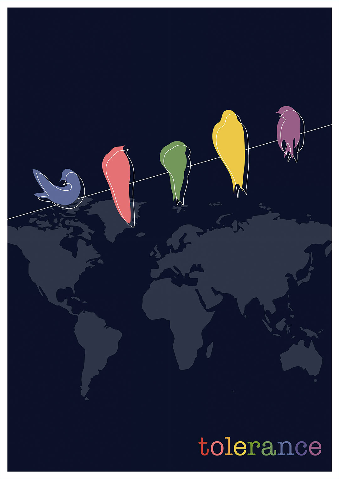 Plakat tolerance - bunte Vögel über der Weltkugel